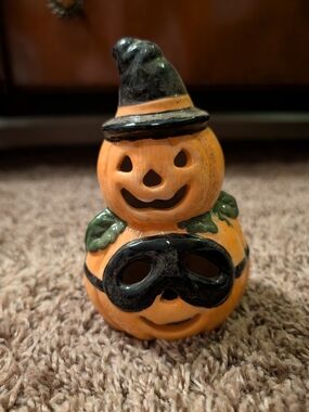 Vintage Ceramic Orange Stacked Pumpkin Lantern with Black Hat